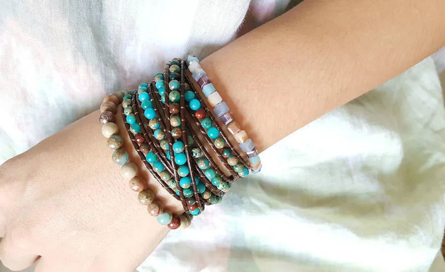Natural Stone Leather Wrap Bracelet - Semi Precious Stones