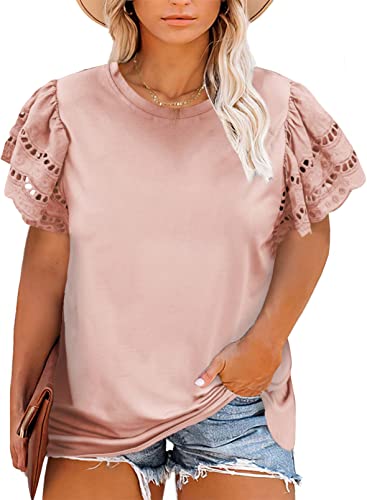Eytino Womens Plus Size Summer Tees Casual Hollow Out Ruffle Short Sleeve Crewneck Shirts Tops,3X Pink