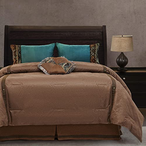 Paseo Road by HiEnd Accents | Del Rio 5 Piece Comforter Set, Super Queen Size, Blue and Brown Faux Leather, Southwestern Luxury Bedding Set, 1 Comforter, 1 Bed Skirt, 2 Pillow Shams, 1 Accent Pillow