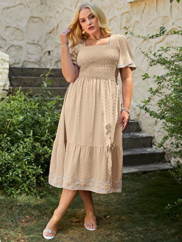 Glamaker Women's Plus Size Summer Casual Short Sleeve Smocked Square Neck A Line Flowy Midi Dress Long Dress Apricot 3XL