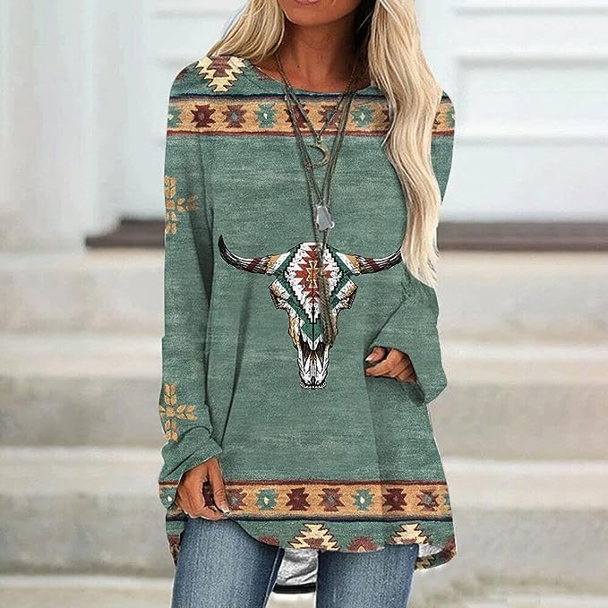 Tunic Top - Casual Long Sleeve - Cow Skull Aztec Print