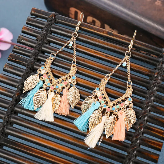 Leaf Tassel Drop Earrings