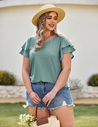 IN'VOLAND Womens Plus Size Tunic Loose Fit V Neck Ruffle Sleeve Tops Summer Casual Blouse T Shirts Green 18W