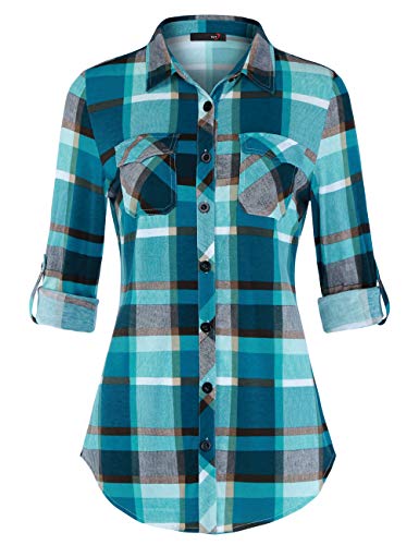 DJT Women's Long Sleeve Collared Button Down Plaid Shirt Large Turquoise