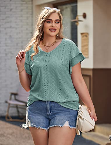 IN'VOLAND Womens Plus Size Tunic Loose Fit V Neck Ruffle Sleeve Tops Summer Casual Blouse T Shirts Green 18W