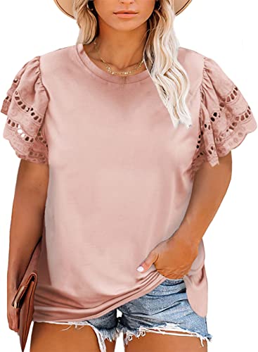 Eytino Womens Plus Size Summer Tees Casual Hollow Out Ruffle Short Sleeve Crewneck Shirts Tops,3X Pink