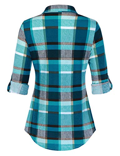 DJT Women's Long Sleeve Collared Button Down Plaid Shirt Large Turquoise