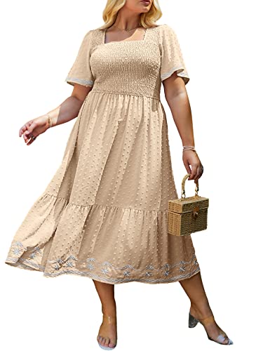 Glamaker Women's Plus Size Summer Casual Short Sleeve Smocked Square Neck A Line Flowy Midi Dress Long Dress Apricot 3XL