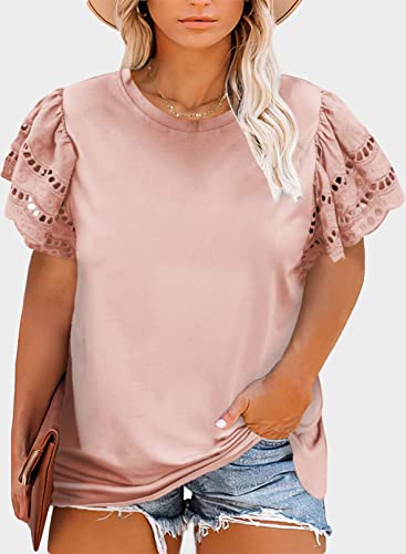 Eytino Womens Plus Size Summer Tees Casual Hollow Out Ruffle Short Sleeve Crewneck Shirts Tops,3X Pink