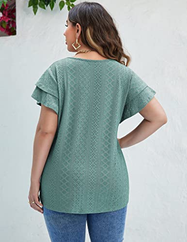 IN'VOLAND Womens Plus Size Tunic Loose Fit V Neck Ruffle Sleeve Tops Summer Casual Blouse T Shirts Green 18W