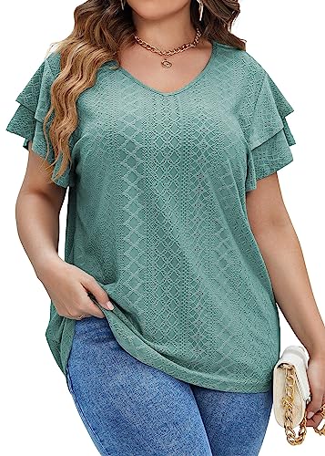 IN'VOLAND Womens Plus Size Tunic Loose Fit V Neck Ruffle Sleeve Tops Summer Casual Blouse T Shirts Green 18W