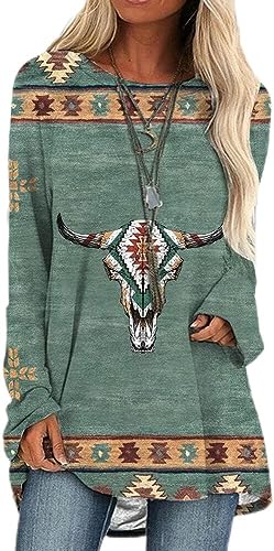 Tunic Top - Casual Long Sleeve - Cow Skull Aztec Print