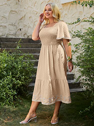 Glamaker Women's Plus Size Summer Casual Short Sleeve Smocked Square Neck A Line Flowy Midi Dress Long Dress Apricot 3XL