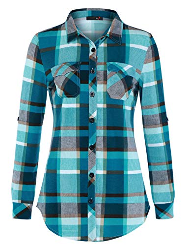 DJT Women's Long Sleeve Collared Button Down Plaid Shirt Large Turquoise