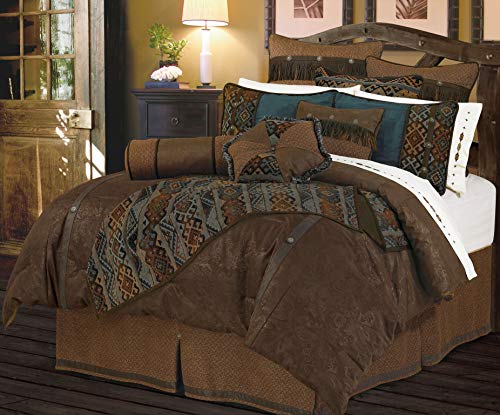 Paseo Road by HiEnd Accents | Del Rio 5 Piece Comforter Set, Super Queen Size, Blue and Brown Faux Leather, Southwestern Luxury Bedding Set, 1 Comforter, 1 Bed Skirt, 2 Pillow Shams, 1 Accent Pillow