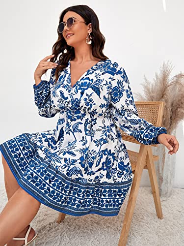 MakeMeChic Women's Plus Size Floral Lantern Sleeve Wrap V Neck Ruffle Hem Flared Short Dress Blue and White 3XL