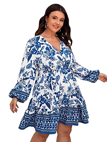 MakeMeChic Women's Plus Size Floral Lantern Sleeve Wrap V Neck Ruffle Hem Flared Short Dress Blue and White 3XL