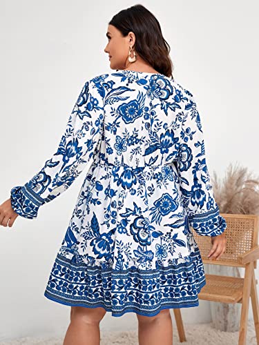 MakeMeChic Women's Plus Size Floral Lantern Sleeve Wrap V Neck Ruffle Hem Flared Short Dress Blue and White 3XL